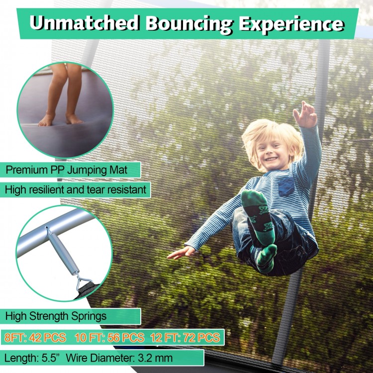Child jumping on a 10-foot ASTM approved trampoline with a black enclosure net and sturdy ladder for outdoor fun.