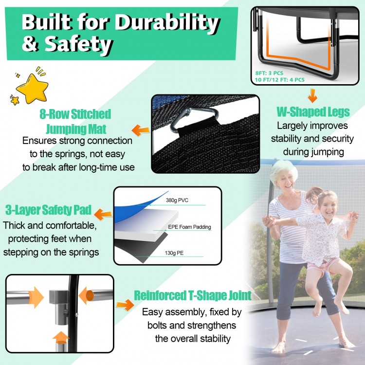 Close-up of the 10 feet trampoline's 3-layer safety pad and W-shaped legs, ensuring durability and safety during use.