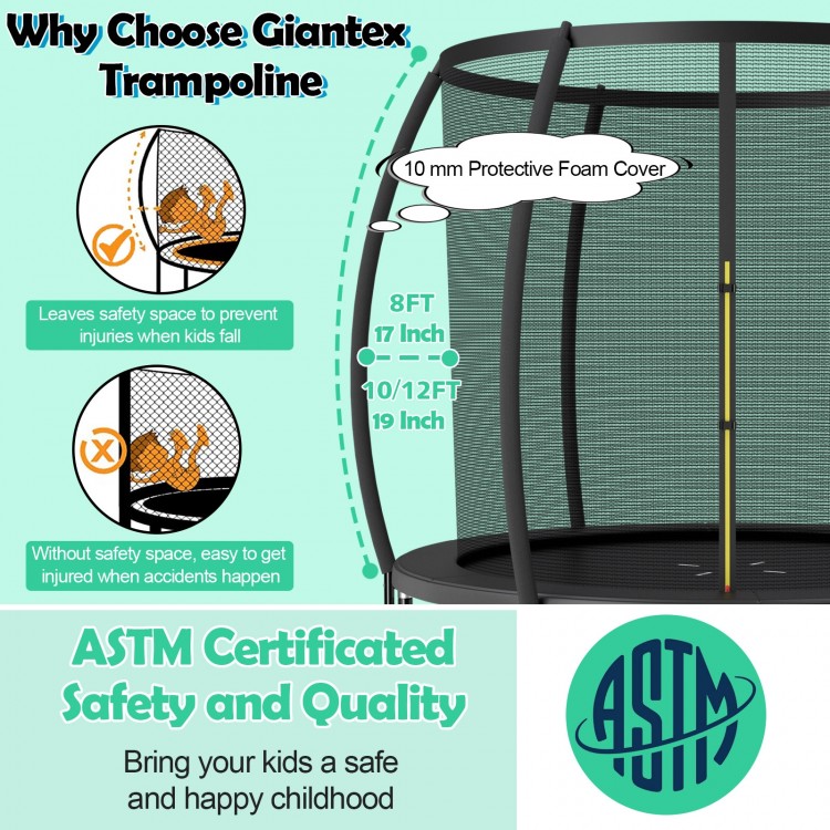 10 feet ASTM approved trampoline with enclosure net, safety pad, and non-slip ladder for outdoor fun and safety.