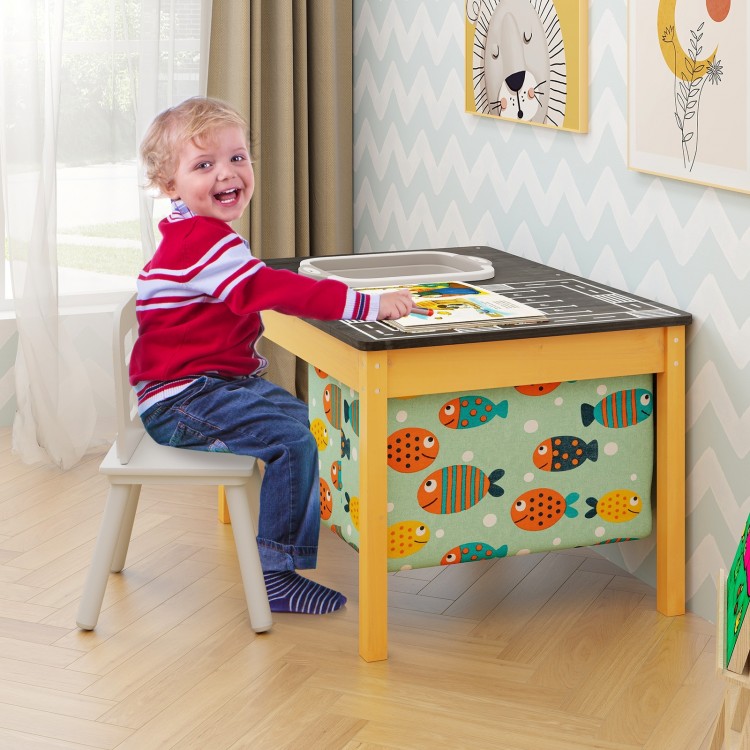 Kids 3-in-1 sand and water activity table with foldable storage bin, featuring a racing tabletop and colorful fish.