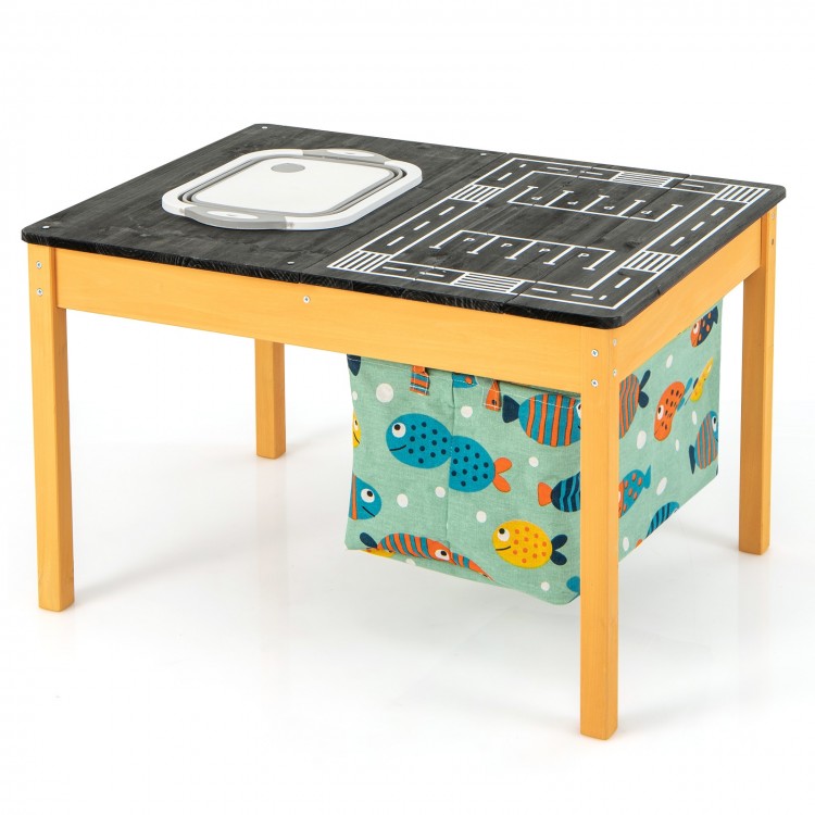 Kids 3-in-1 sand and water activity table with removable racing top, built-in storage bin, and durable fir wood frame.