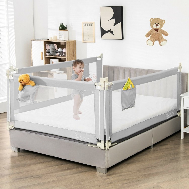 Toddler bedrail in gray with anti-collision cotton, adjustable height, and side pocket for added convenience.