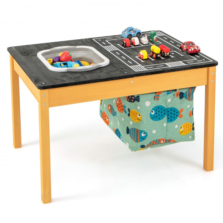 Kids 3-in-1 sand and water activity table with removable racing tabletop and foldable storage bin for organized play.
