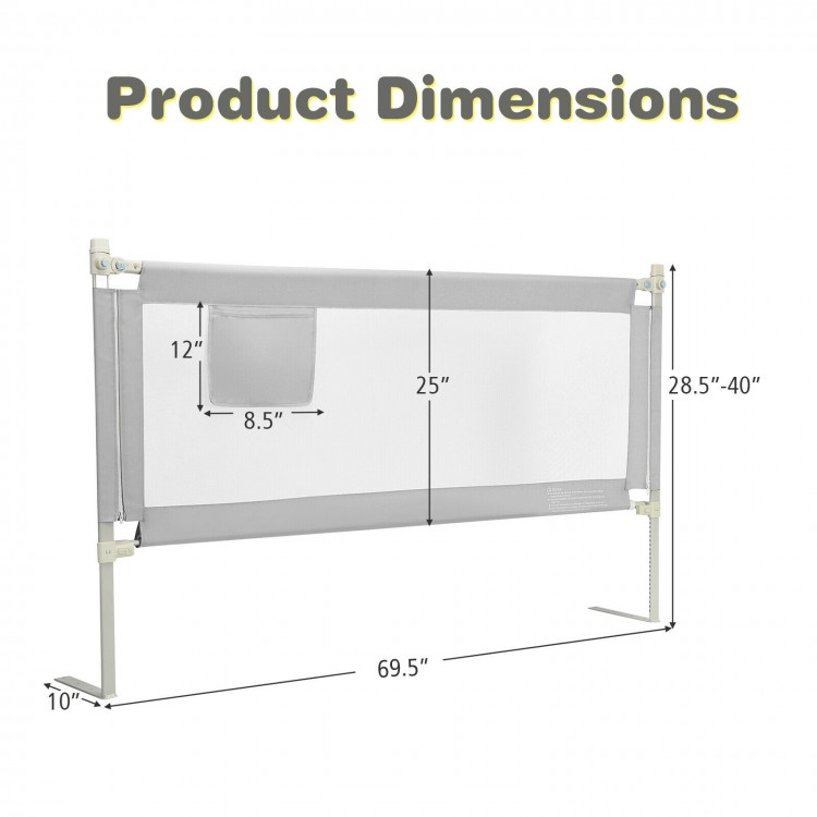 Toddler bedrail dimensions showing 69.5 inches in gray with adjustable height and side pocket for added convenience.