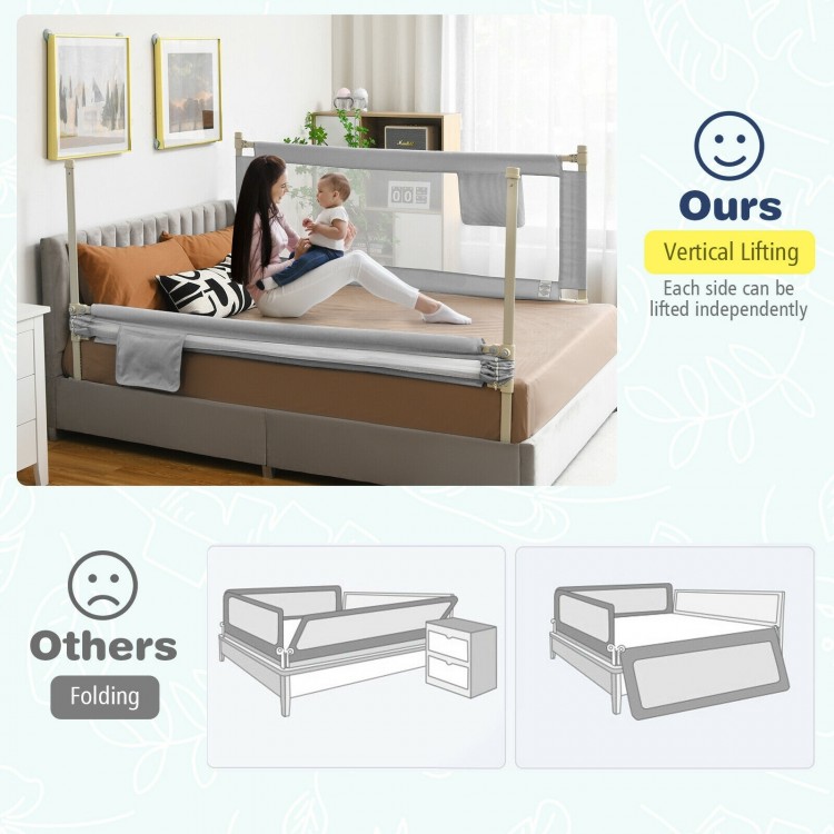 Toddler bedrail in gray with anti-collision cotton, vertical lifting feature, and side pocket for convenient storage.