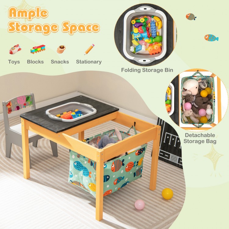 3-in-1 kids sand water activity table with foldable storage bin, featuring a removable racing tabletop and cute animal.