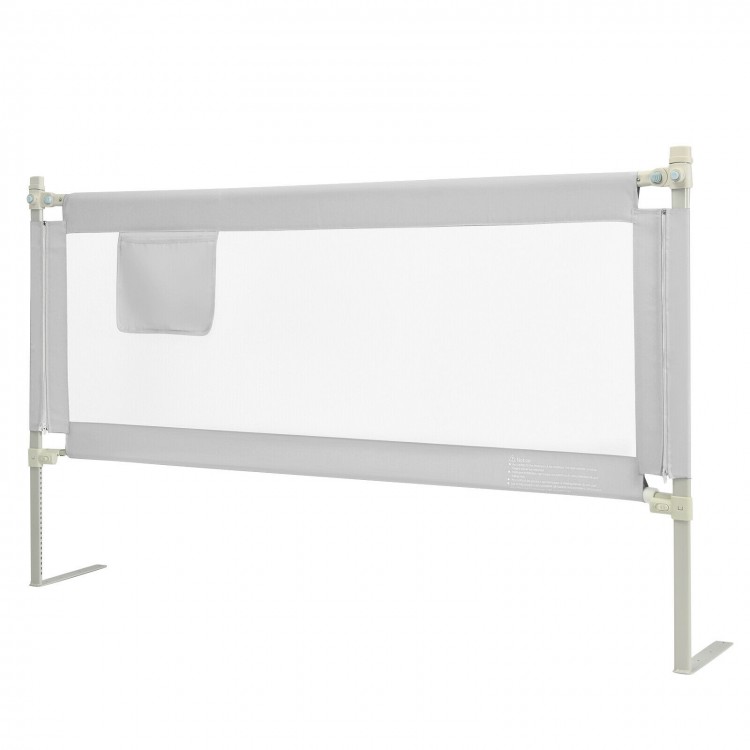 Toddler bedrail in gray featuring a side pocket and round corners, designed for safety and adjustable to various.