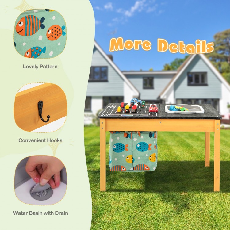 3-in-1 kids sand water activity table with removable racing tabletop, built-in storage bin, and water basin with drain.