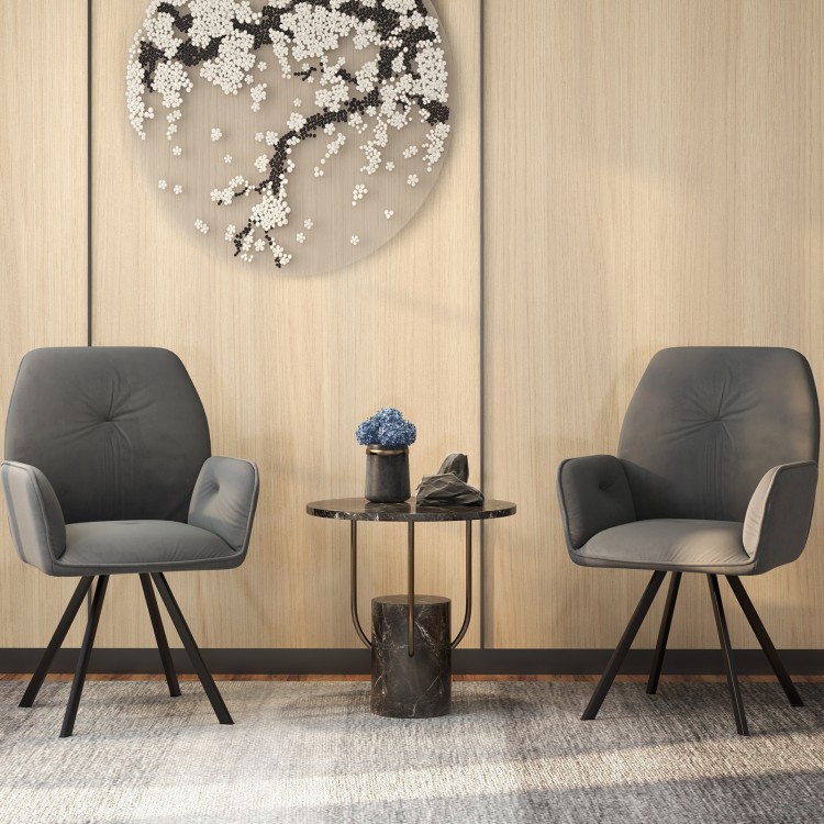 Set of 2 gray swivel accent arm chairs with metal legs, featuring wide backs and thick cushions for comfortable seating.
