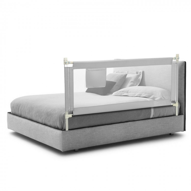 Toddler bedrail in gray with vertical lifting feature, double safety lock, and seamless design for enhanced child.