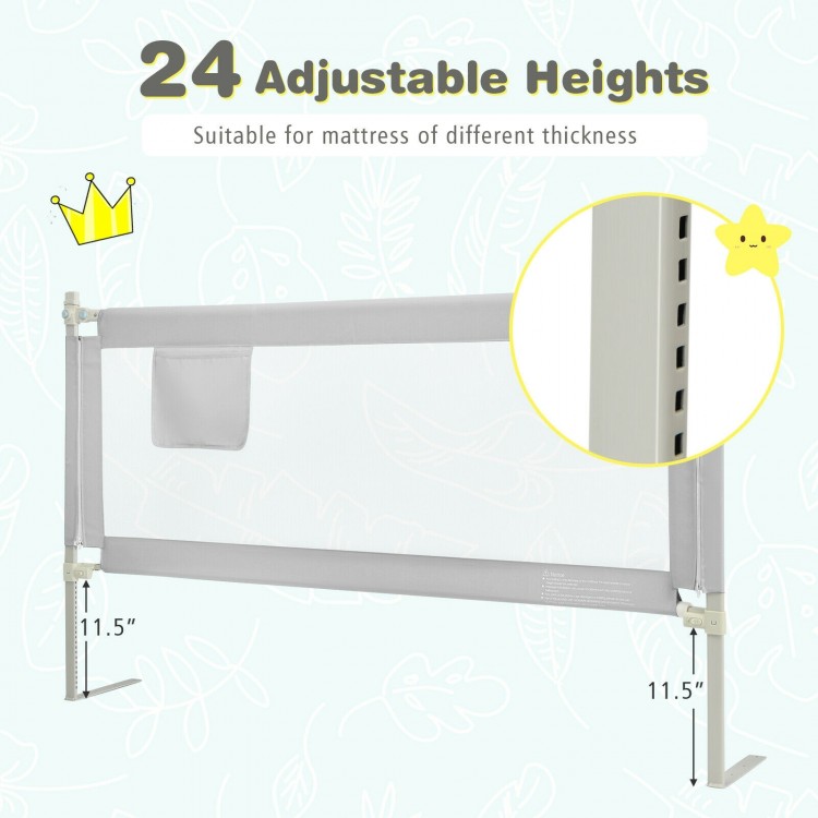 Toddler bedrail in gray with 24 adjustable heights, anti-collision cotton, and side pocket for added convenience.