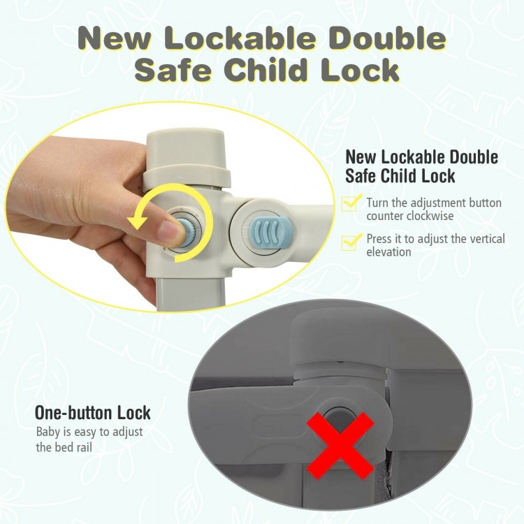 New lockable double safe child lock detail on 69.5 inches toddler bedrail with anti-collision cotton for safety.