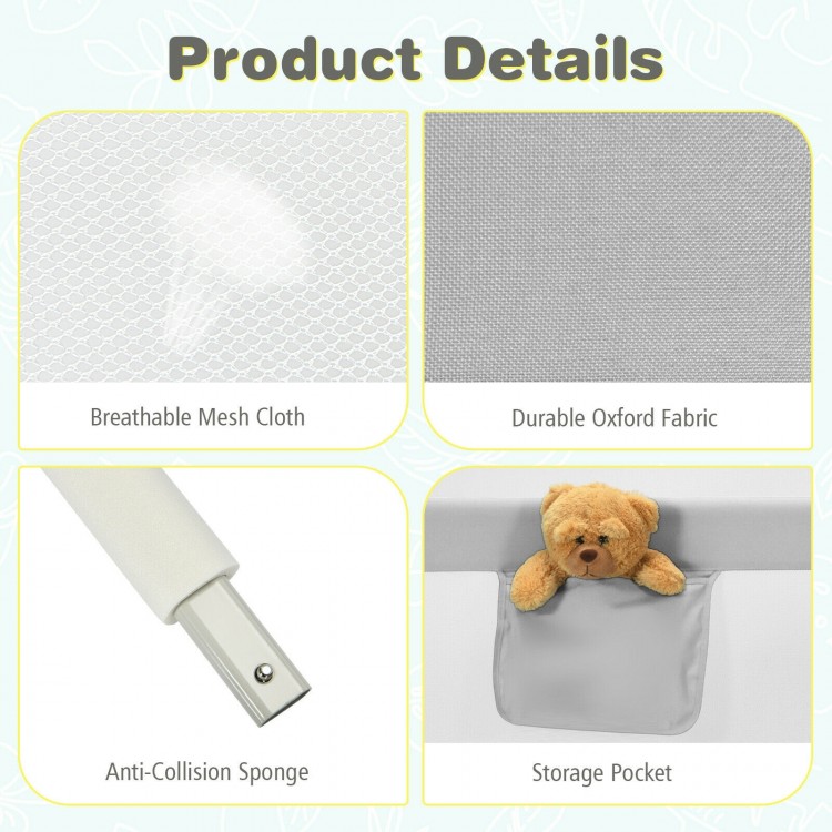 Toddler bedrail in gray with breathable mesh cloth, anti-collision sponge, and side pocket for added convenience.