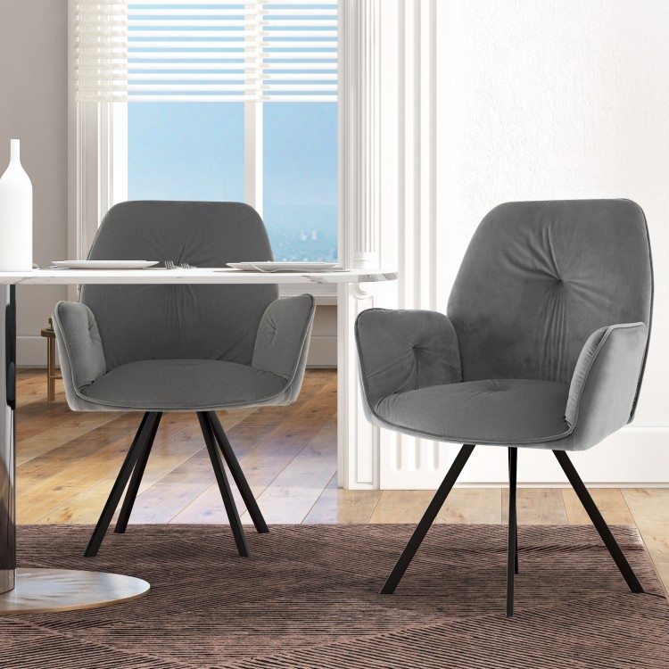 Set of 2 gray swivel accent arm chairs with metal legs, featuring wide backs and thick cushions for comfort.