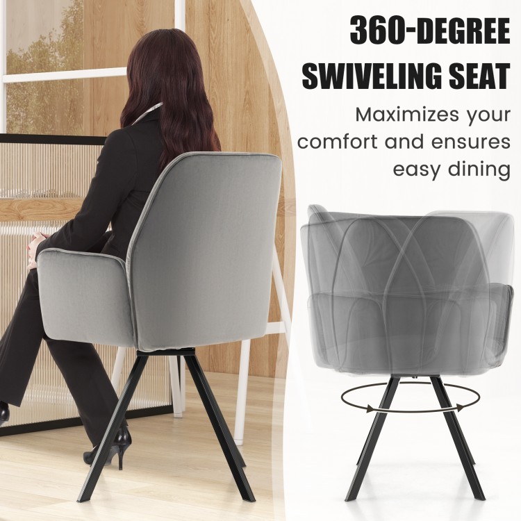 Gray swivel accent arm chair with metal legs, featuring a 360-degree seat and ergonomic design for comfortable dining.
