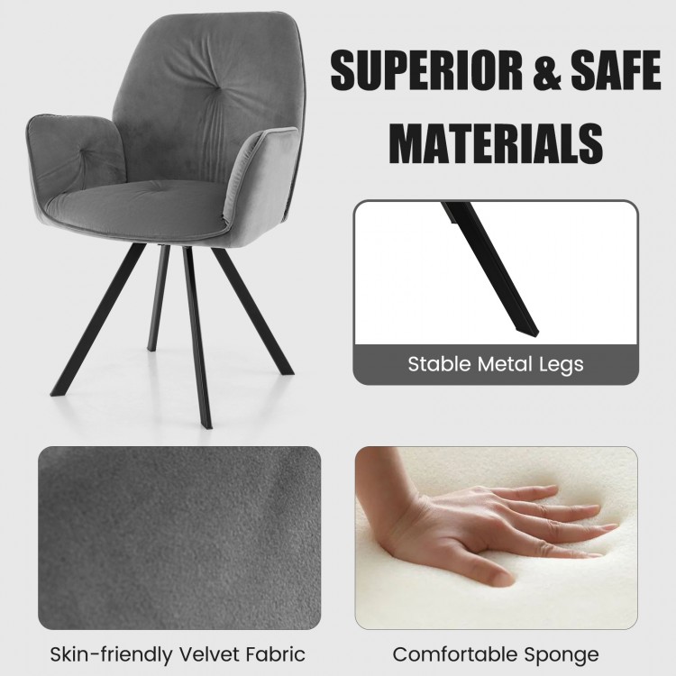 Gray swivel accent arm chair featuring a wide back, soft velvet fabric, and sturdy metal legs for versatile seating.