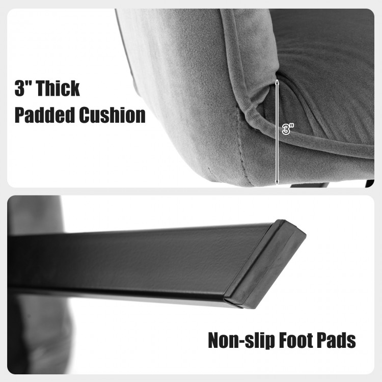 Close-up of the 3" thick padded cushion and non-slip foot pads of the gray swivel accent arm chair, ideal for.