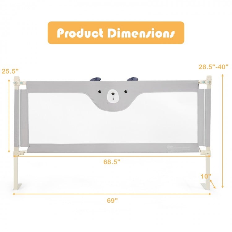 Vertical lifting baby bedrail guard in gray, featuring adjustable heights and a cute pattern for added safety.