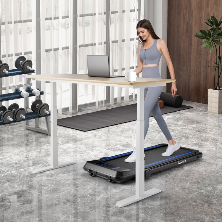 Folding treadmill with incline, remote control, and under desk design, ideal for walking or jogging workouts.