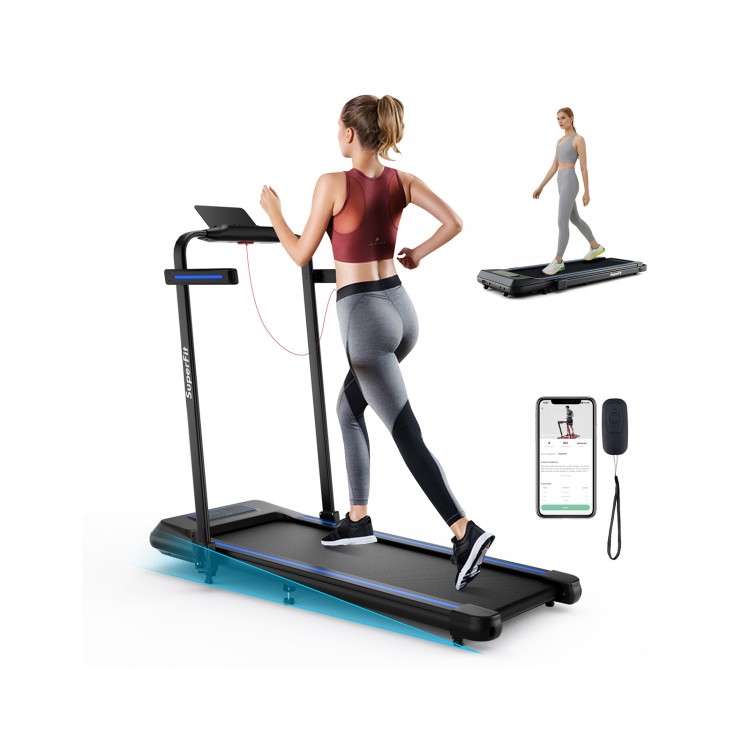 Folding treadmill with incline, remote control, and LED display for walking or running, ideal for home workouts.