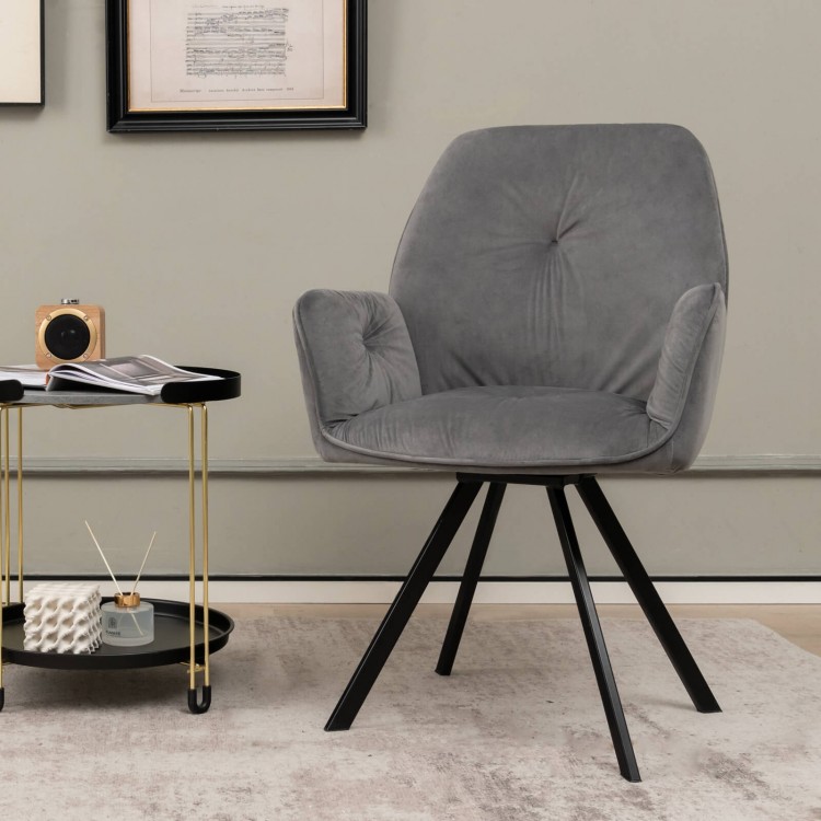 Gray swivel accent arm chair with metal legs, featuring a wide back and thick padded cushion for comfort in any room.