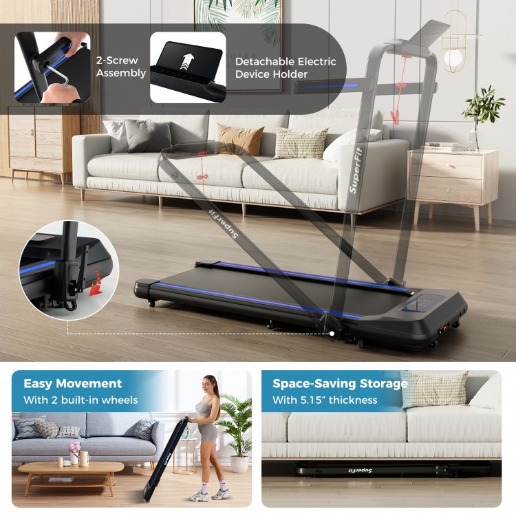 Folding treadmill with incline, remote control, and Bluetooth, designed for easy storage and movement in compact spaces.