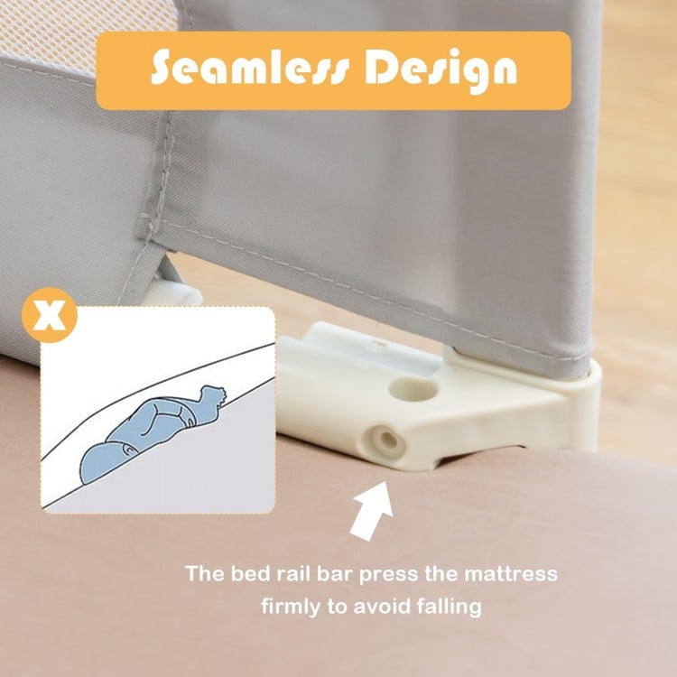 Vertical lifting baby bedrail guard in gray with seamless design, adjustable height, and safety features for added.