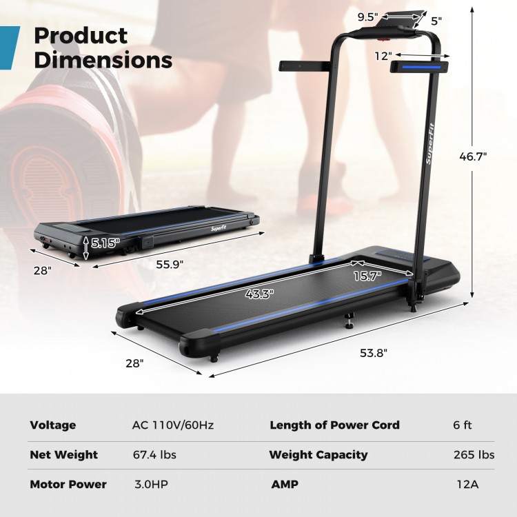 Folding treadmill with incline, remote control, and 3.0HP motor, ideal for walking or running at home.