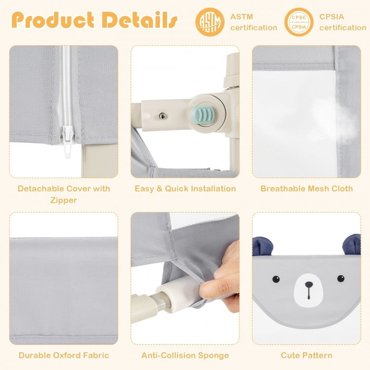 Vertical lifting baby bedrail guard in gray with breathable mesh, detachable cover, and anti-collision sponge for.