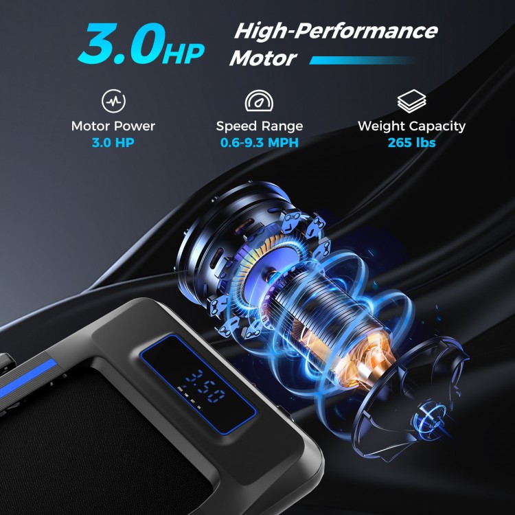 Close-up of the 3.0HP motor of the 2-in-1 folding treadmill, showcasing its power and efficiency for workouts.