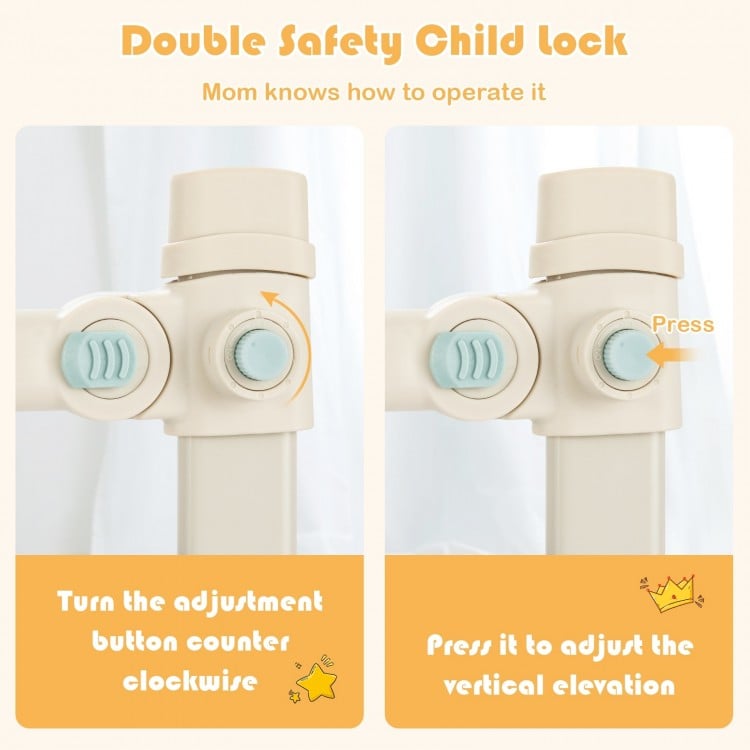Vertical lifting baby bedrail guard in gray with double safety child lock for enhanced safety and adjustable height.