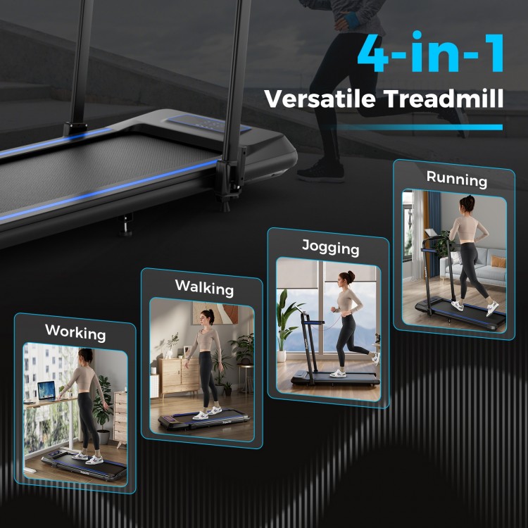 Folding treadmill with incline for walking and running, featuring a 7-layer anti-slip belt and remote control.