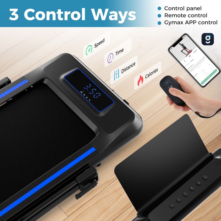 Close-up of the 2 in 1 folding treadmill control panel with remote, featuring speed and incline settings for versatile.