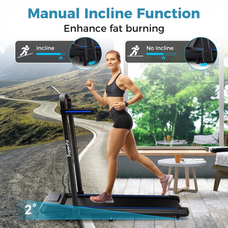 2 in 1 folding treadmill with incline feature, remote control, and anti-slip running belt for versatile workouts.