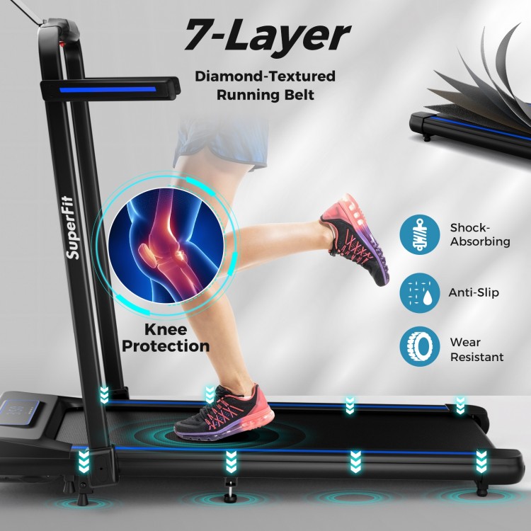 Close-up of the 7-layer diamond-textured running belt on the 2-in-1 folding treadmill for enhanced safety and knee.