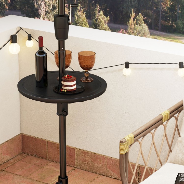 Adjustable 20-inch outdoor umbrella table with honey-comb design, holding drinks and snacks, perfect for patio use.