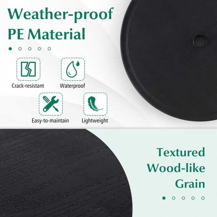 Textured wood-like grain of a 20-inch outdoor umbrella table made of waterproof PE material for patio use.