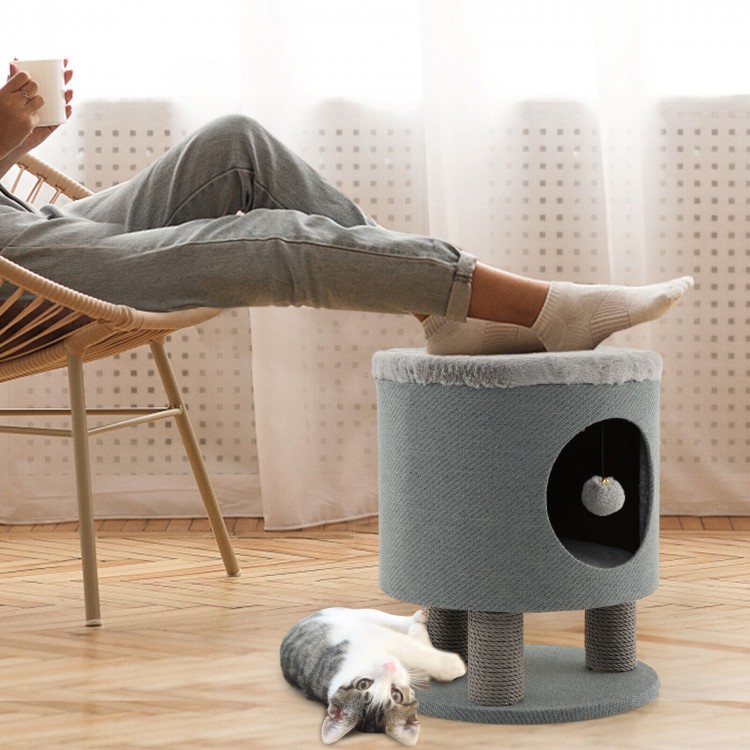 Gray 3-in-1 cat condo stool with scratching posts and plush ball toy, perfect for cozy lounging and play.