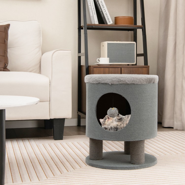 Cozy gray 3-in-1 cat condo stool with scratching posts and plush ball toy, perfect for resting and play.