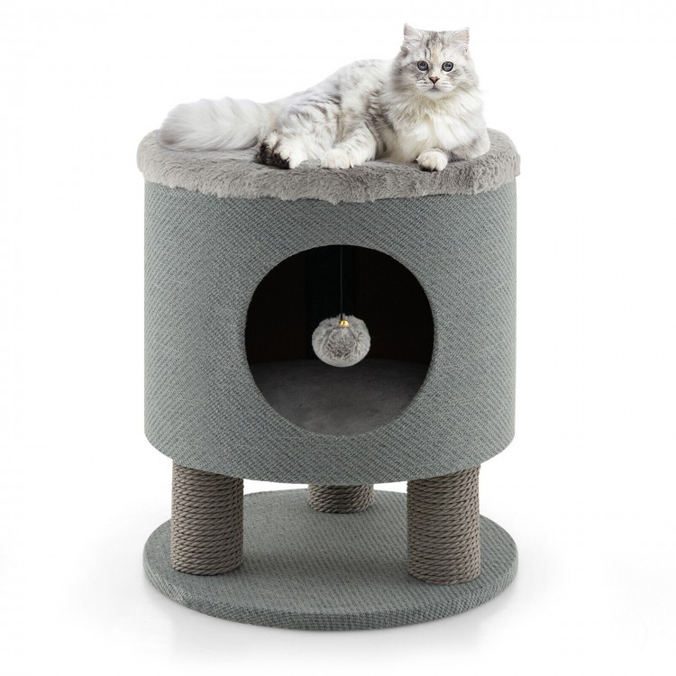 Gray 3-in-1 cat condo stool with plush top, scratching posts, and dangling ball toy for cozy cat relaxation.