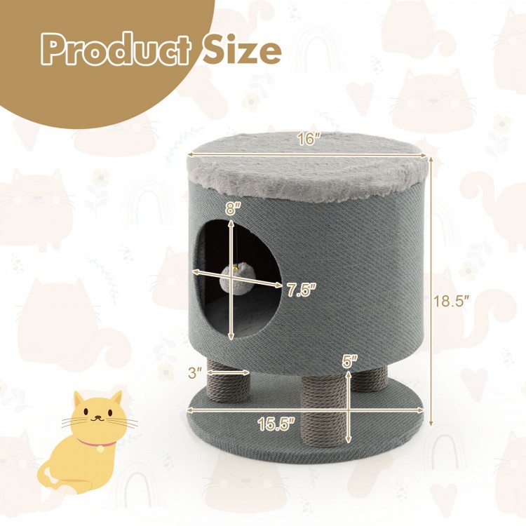 Gray 3-in-1 cat condo stool with scratching posts, plush ball toy, and dimensions for cozy cat lounging and play.