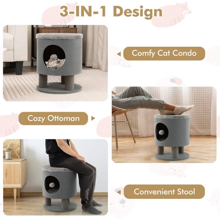 Gray 3-in-1 cat condo stool featuring a large entry and stable base, ideal for playful cats and stylish home decor.