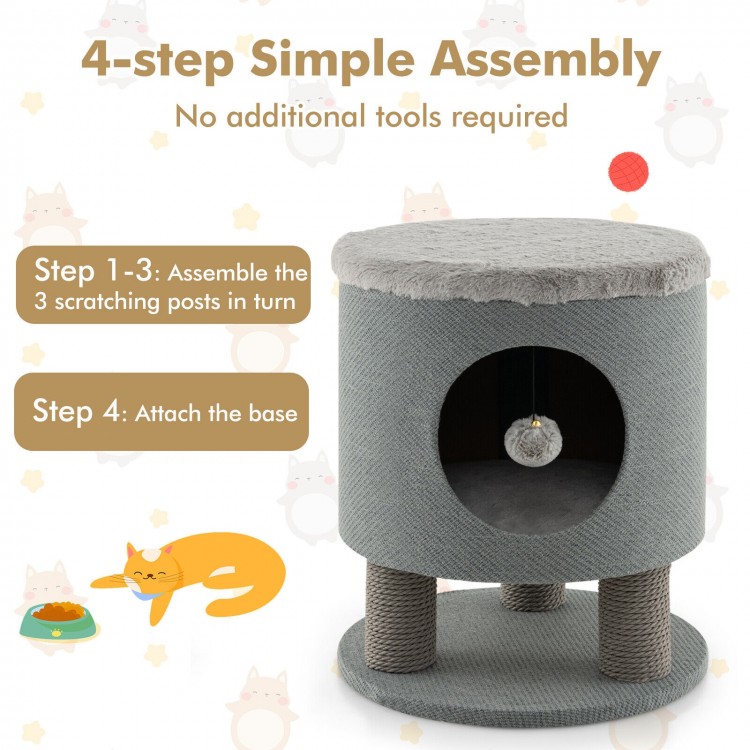 Gray 3-in-1 cat condo stool with scratching posts, plush ball toy, and soft faux angora cushion for cozy lounging.
