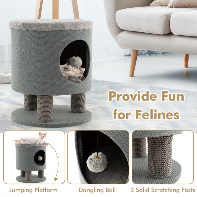 3-in-1 gray cat condo stool with scratching posts, plush ball toy, and spacious resting area for playful felines.