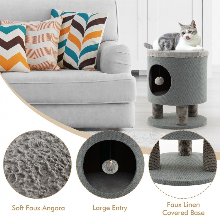 Gray 3-in-1 cat condo stool with plush ball toy, soft faux angora cushion, and large entry for comfortable lounging.