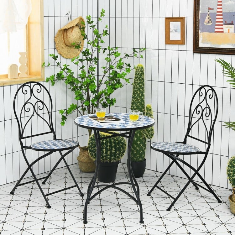 Two folding bistro chairs with blue floral mosaic pattern, perfect for patio or garden use, featuring a sturdy steel.