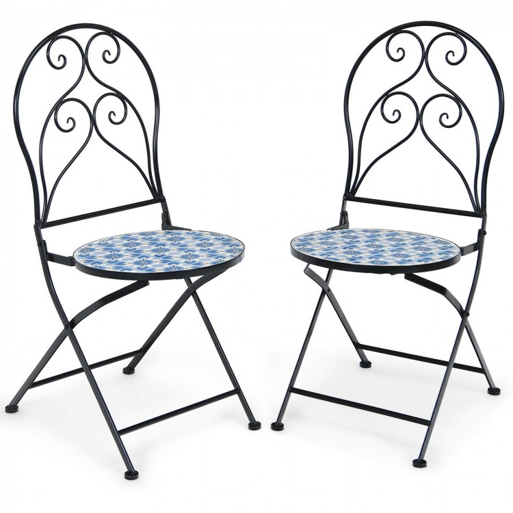 Two patio folding bistro chairs with blue floral mosaic seats, featuring a sturdy steel frame for outdoor use.