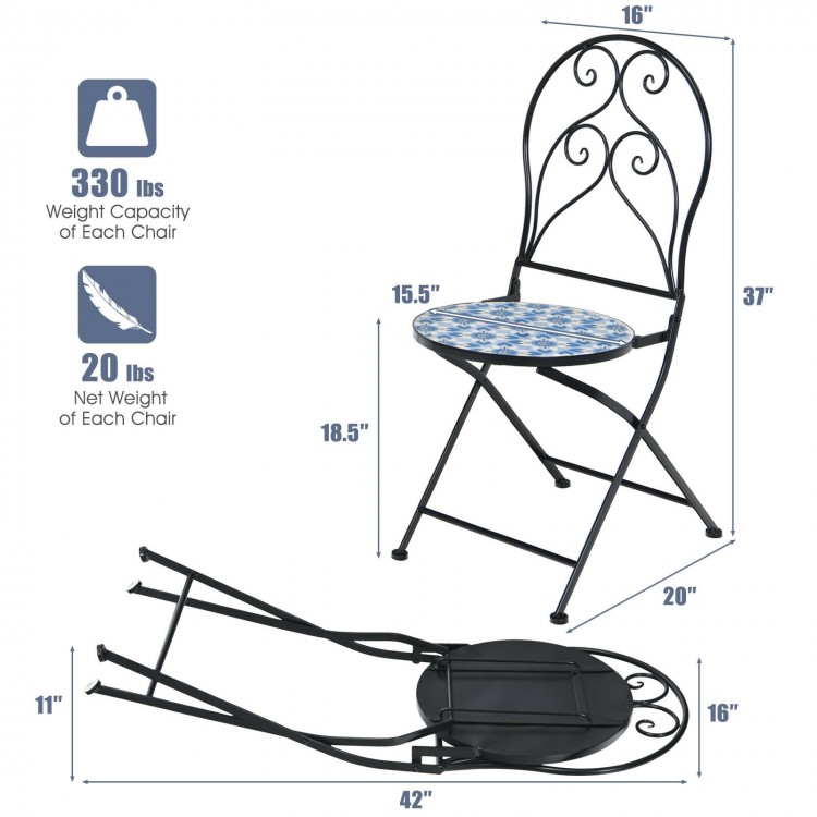 Folding bistro chair with blue floral mosaic seat, sturdy steel frame, ideal for patio and garden use.