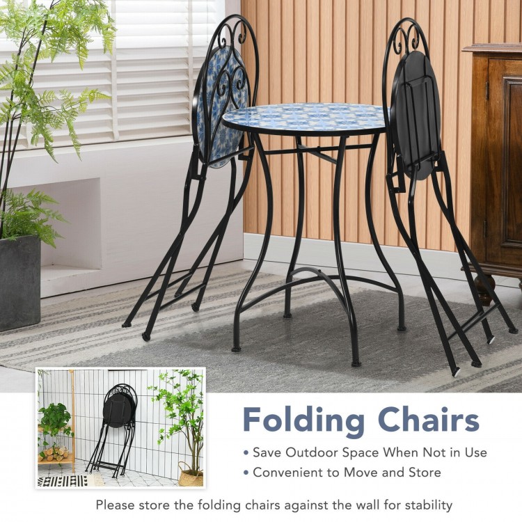 Two patio folding chairs with blue floral mosaic pattern, featuring a sturdy steel frame for outdoor use.