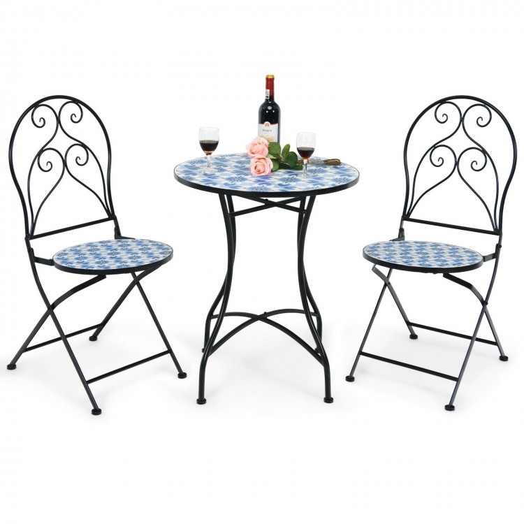 Two folding bistro chairs with blue floral mosaic pattern and a round table, perfect for patio or garden use.